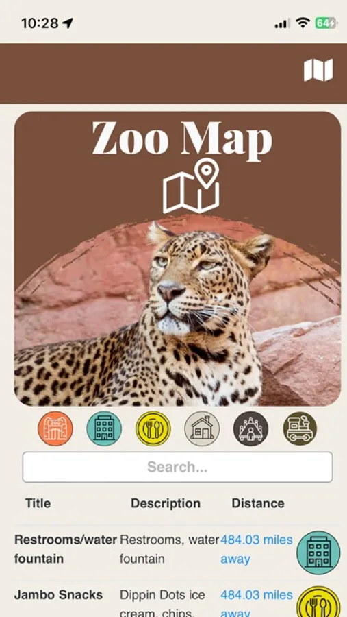 Fort Worth Zoo Guide searchable exhibit and attraction list screen